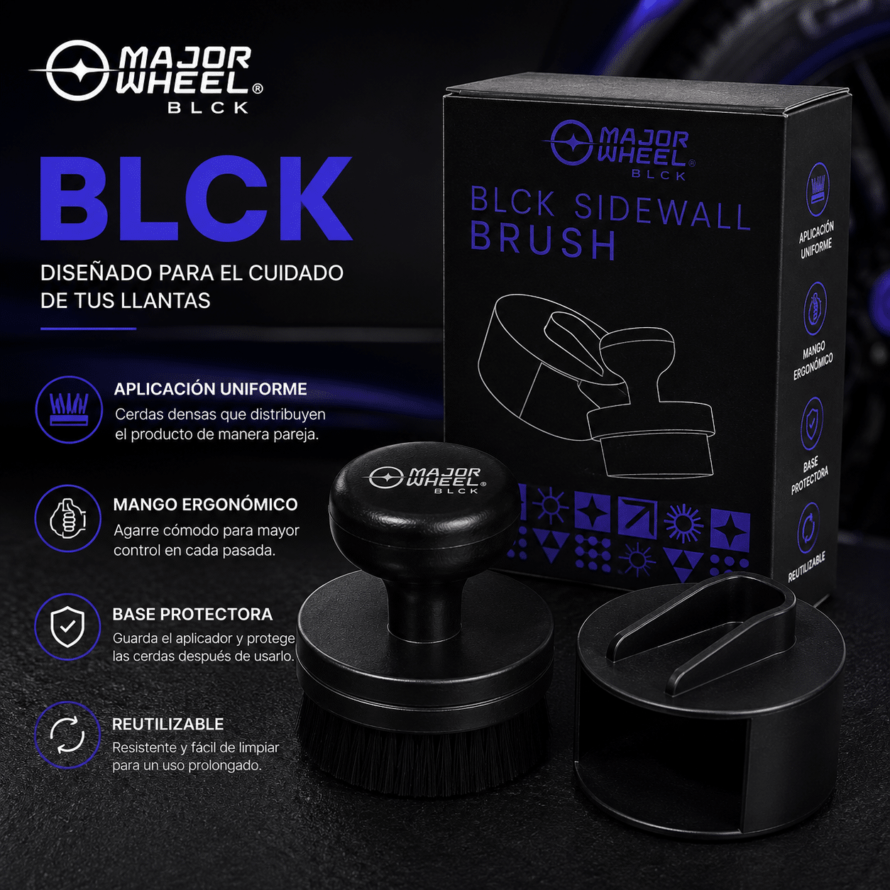 Aplicador para llantas MAJOR WHEEL BLCK con base protectora y empaque